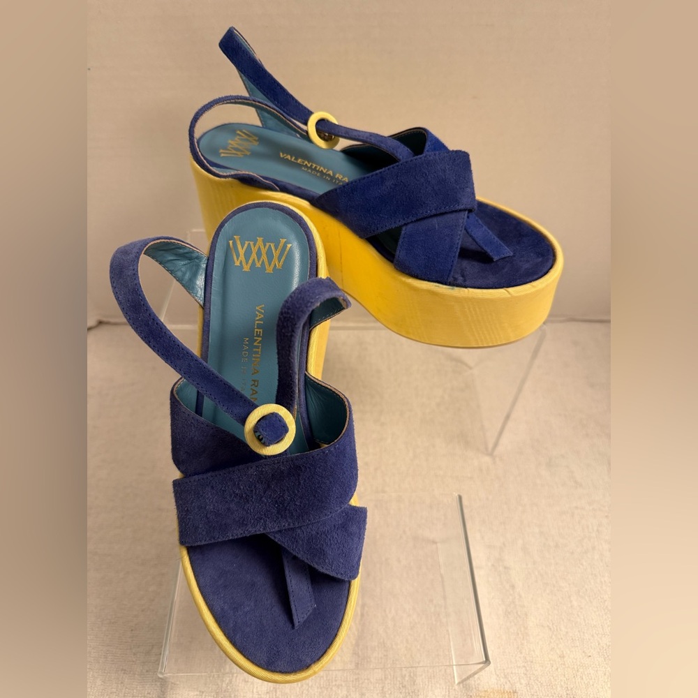Valentina Rangoni Platform Sandals Italian Designer Cobalt Blue & Gold Size 7 - Picture 4 of 10